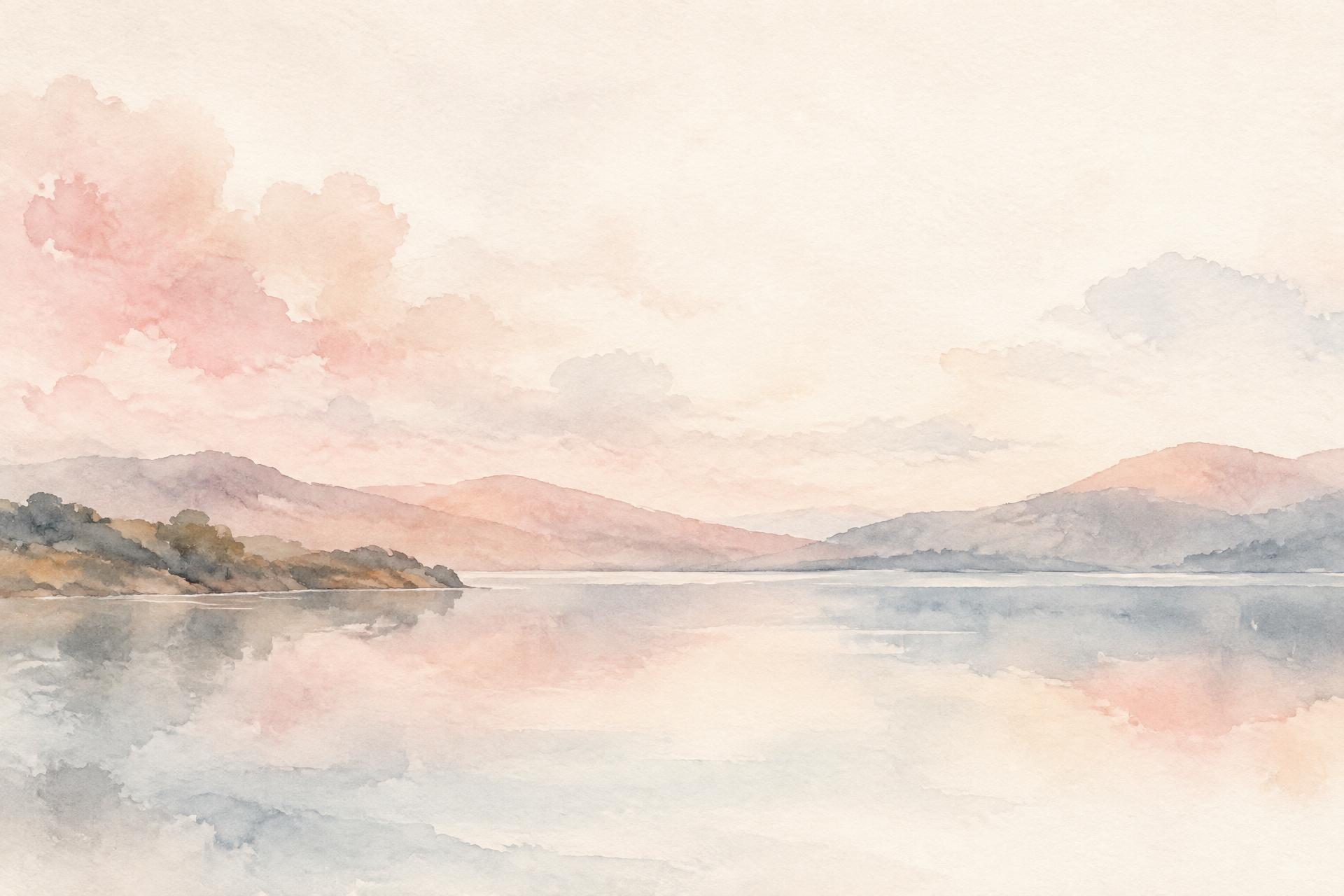 Abstract watercolor hills reflected across a calm lake